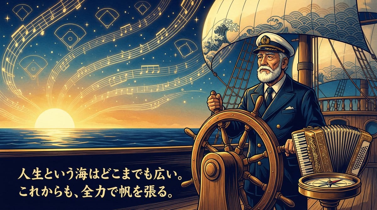 老船長がアコーディオンを持ちながら帆船の舵を握り、黄金の夕日に向かう
