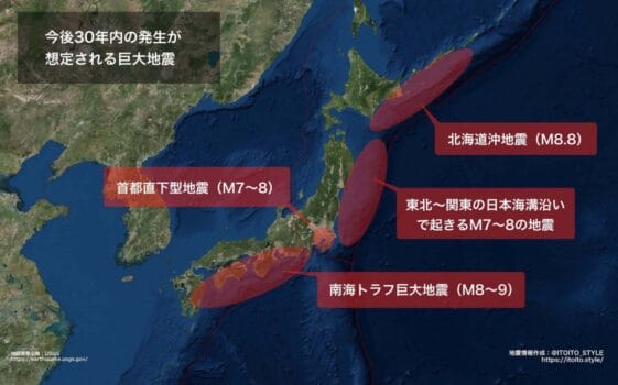 今後30年内の発生が想定される巨大地震