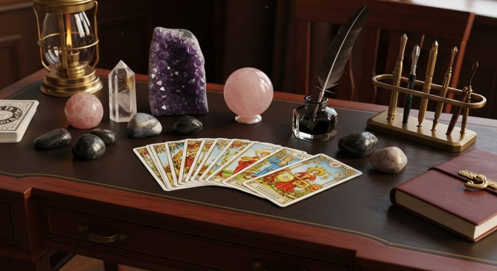 「活動内容と仕事」 占い机に並ぶ札・水晶・筆記具