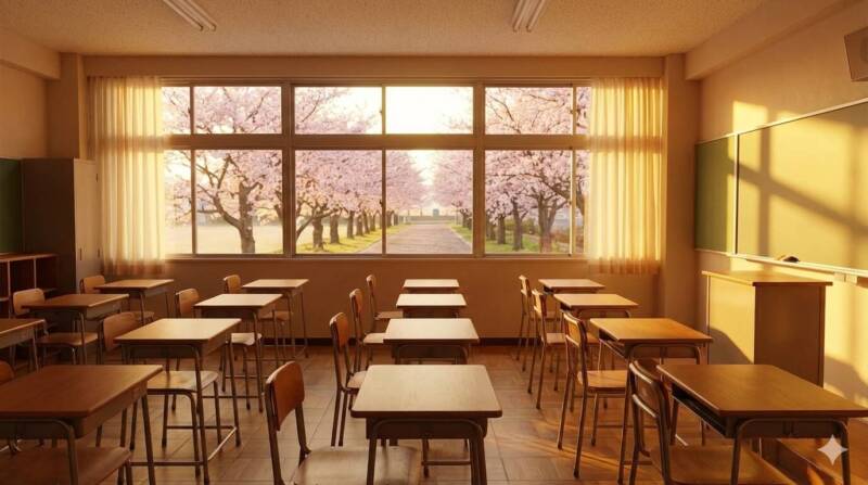 夕暮れ時の学校の教室の窓から見える、満開の桜並木の風景。青春をイメージさせる写真。