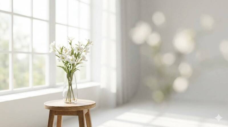 自然光が差し込むスタジオに置かれた白い花瓶と花。上坂樹里の透明感をイメージした写真。