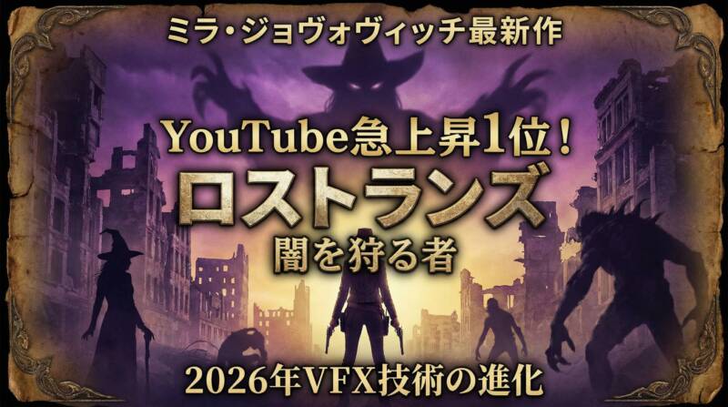 YouTube急上昇1位を獲得した映画『ロストランズ 闇を狩る者』のアイキャッチ画像。ダークファンタジーの世界観を表現した終末世界の背景に、魔女のシルエットと二丁拳銃が描かれている。