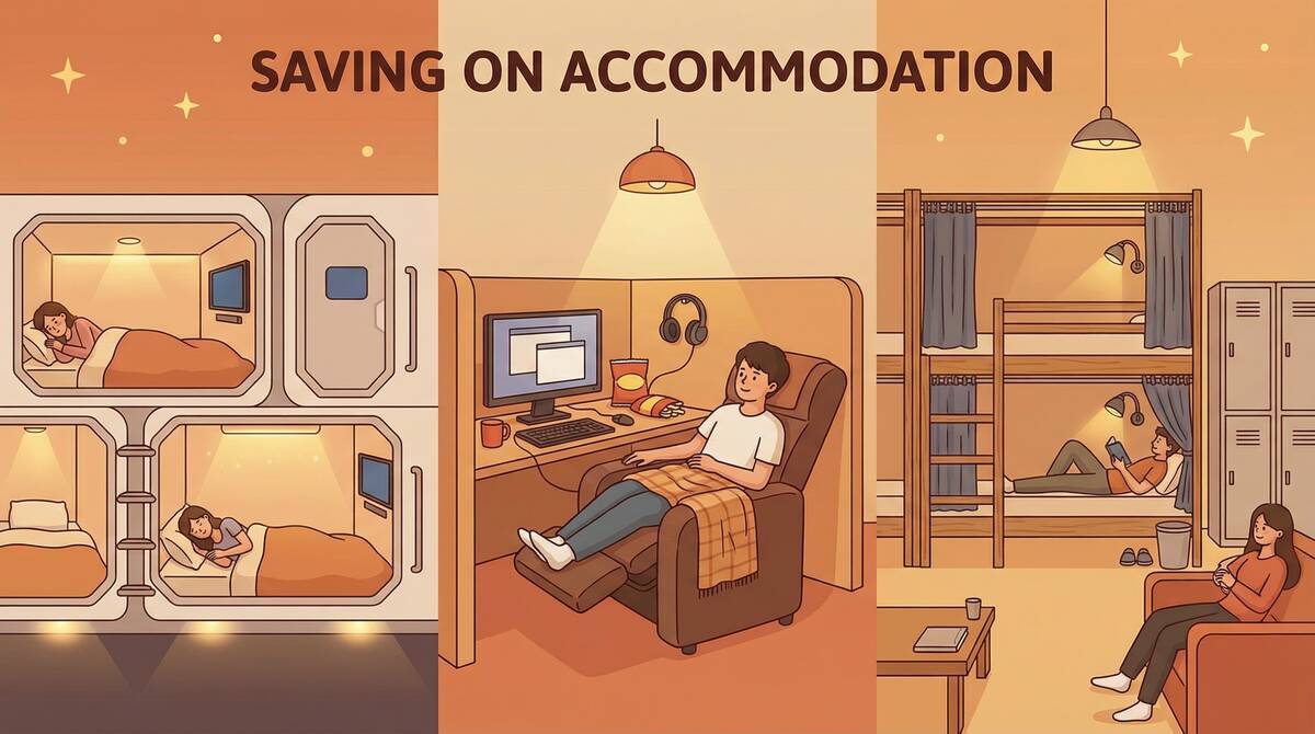 宿泊費の節約をテーマにしたイラスト。カプセルホテル、ネットカフェ、ホステルが描かれている。