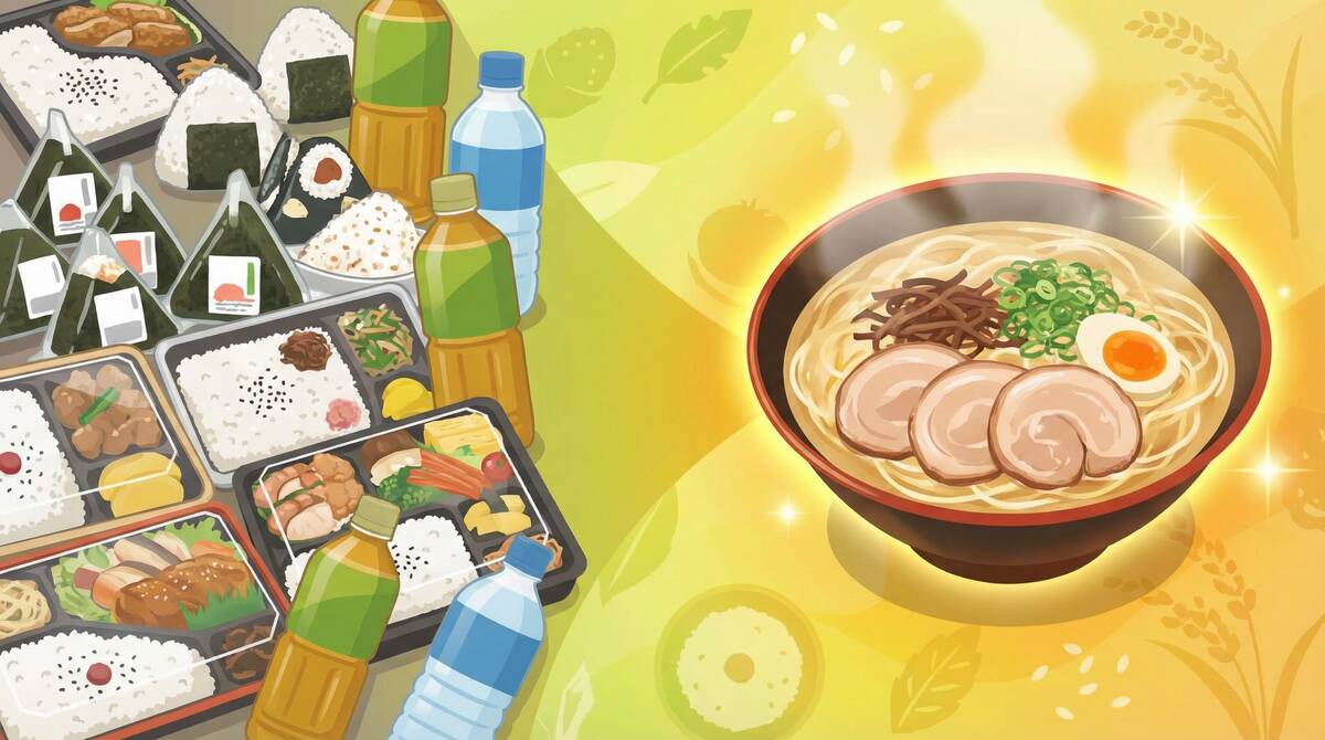 食費の節約をテーマにしたイラスト。コンビニ弁当と豪華なラーメンが対比的に描かれている。