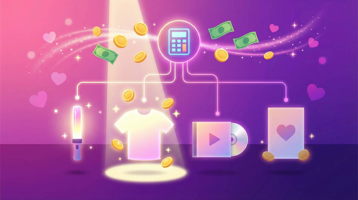 推し活グッズと予算管理をテーマにしたイラスト。ペンライトやTシャツなどのグッズと電卓が描かれている。