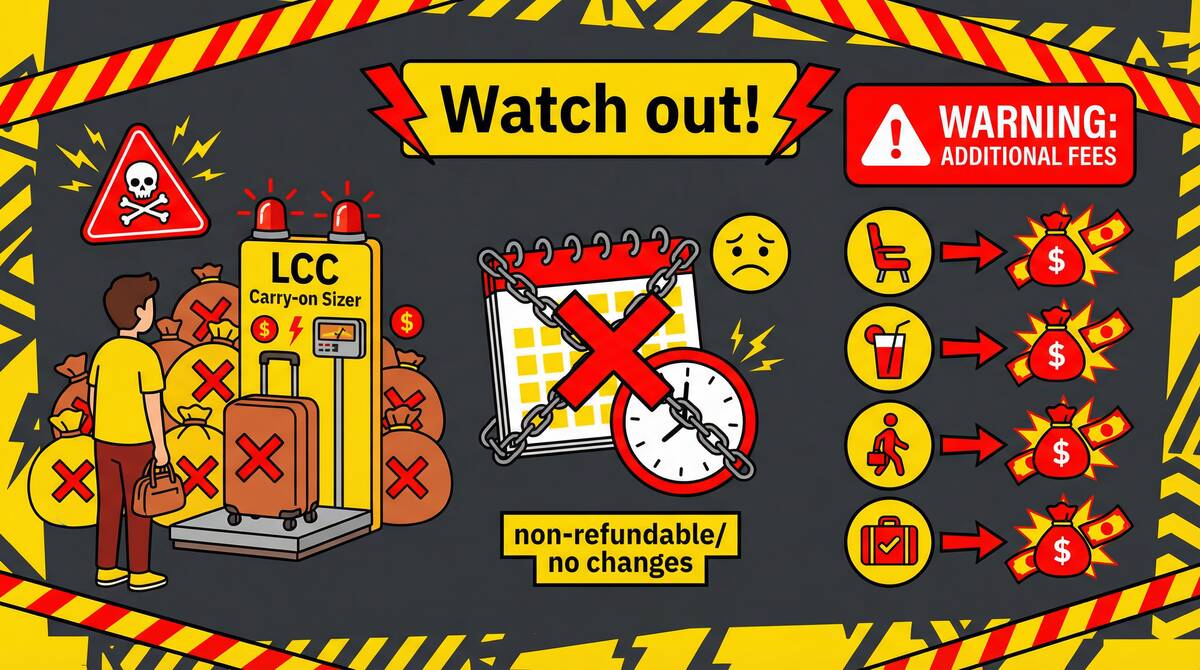 遠征の落とし穴をテーマにしたイラスト。LCCの手荷物制限や予約変更不可の警告マークが描かれている。