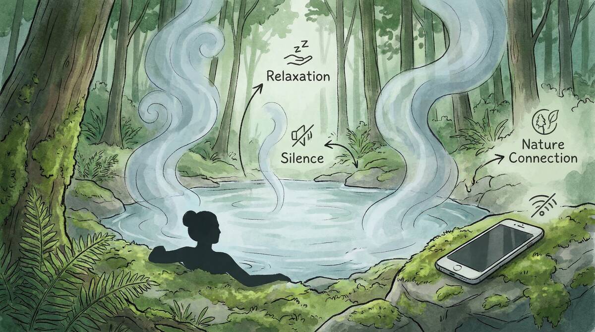 森林に囲まれた露天風呂で一人静かに温泉に浸かるシルエット - デジタルデトックスと癒しのイメージ