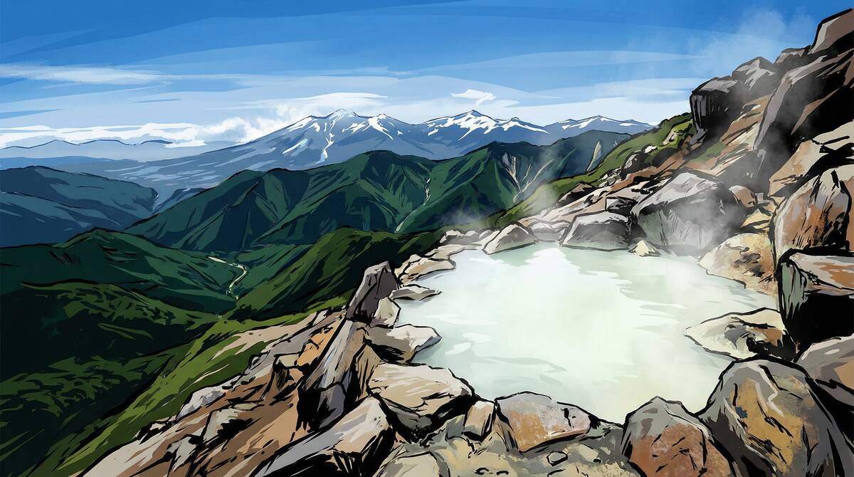 群馬の秘湯 - 標高の高い山々を望む白濁した硫黄泉の露天風呂