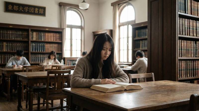 慶應義塾大学図書館で勉強する女子大生のイメージ画像