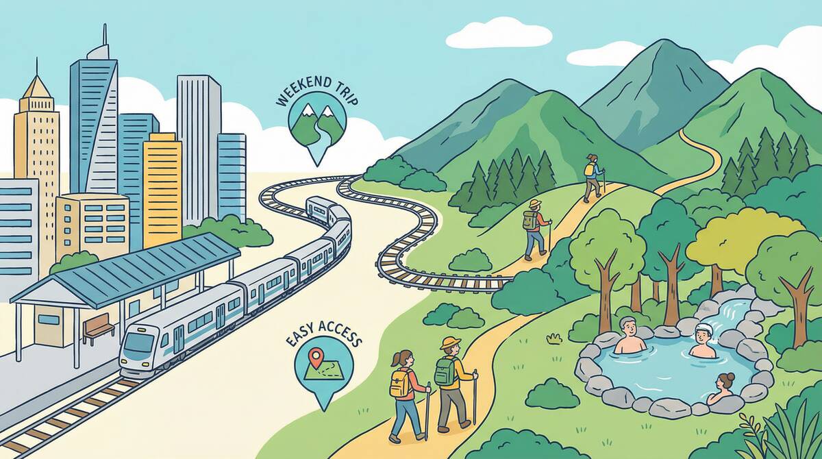 都心から電車でアクセスできる穴場温泉 - 駅から温泉地へ向かうハイキングと露天風呂のイメージ