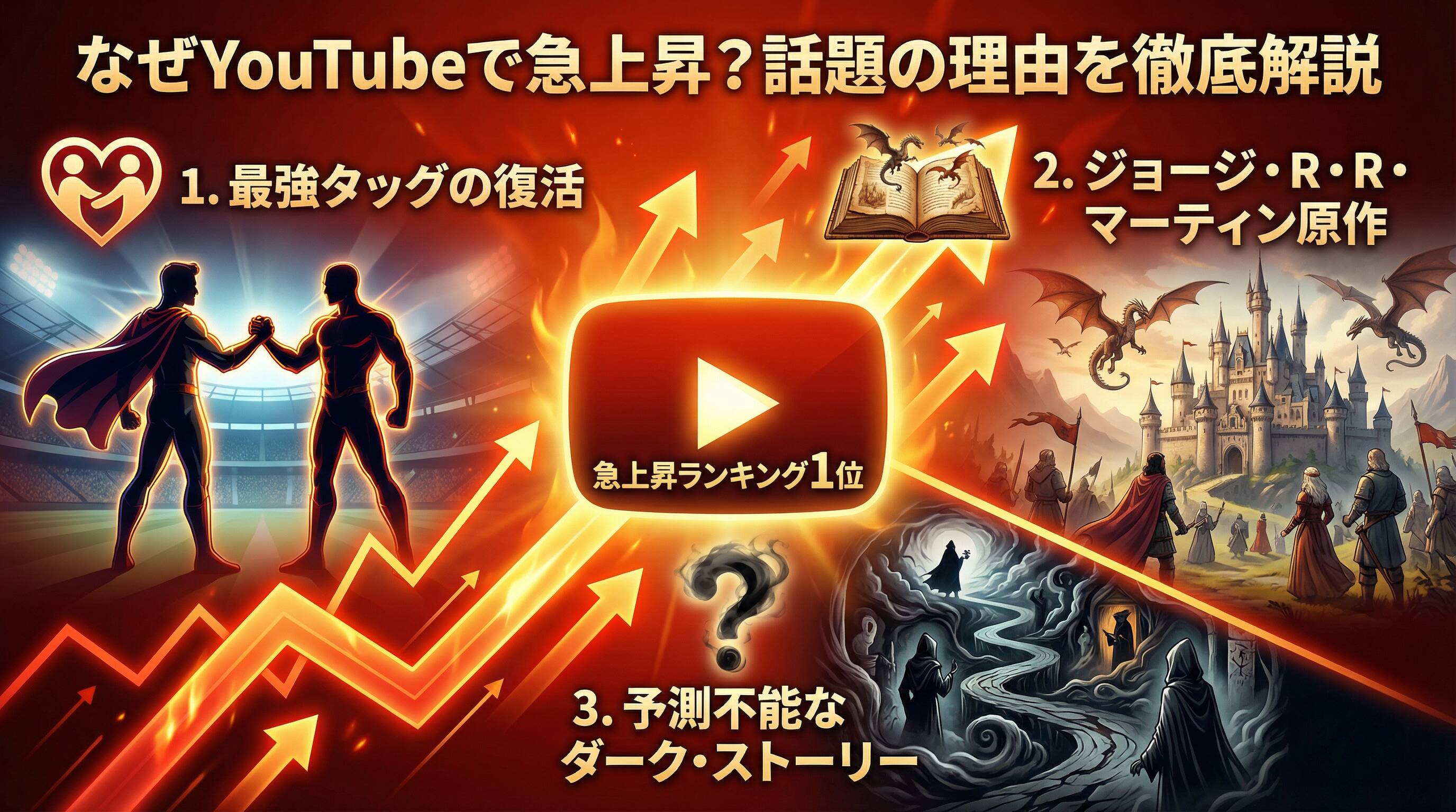 YouTube急上昇ランキング1位を獲得した理由を示すインフォグラフィック。最強タッグの復活、ジョージ・R・R・マーティン原作、予測不能なダーク・ストーリーという3つのポイントを視覚的に表現。