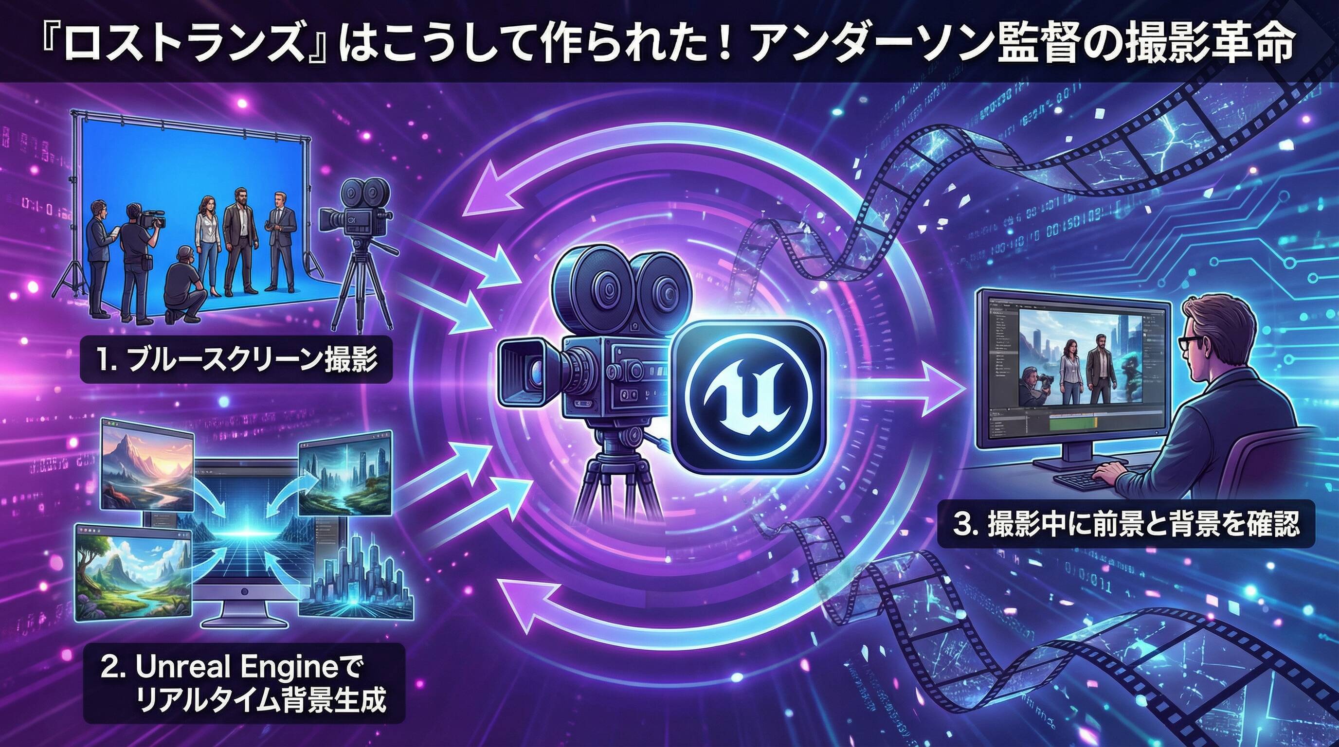 映画『ロストランズ』の撮影プロセスを示すインフォグラフィック。ブルースクリーン撮影、Unreal Engineでのリアルタイム背景生成、撮影中の前景と背景確認という3つのステップをフローチャート形式で表現。