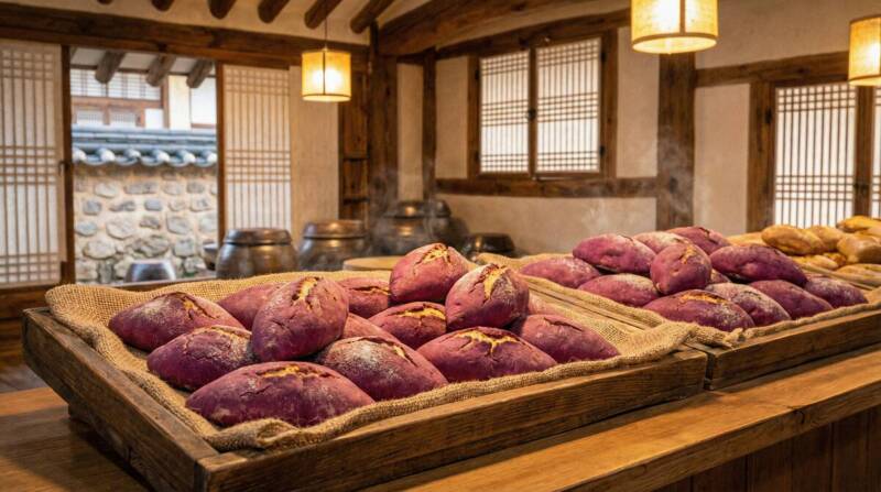 韓国の伝統的なパン屋に並ぶさつまいもそっくりなコグマパン