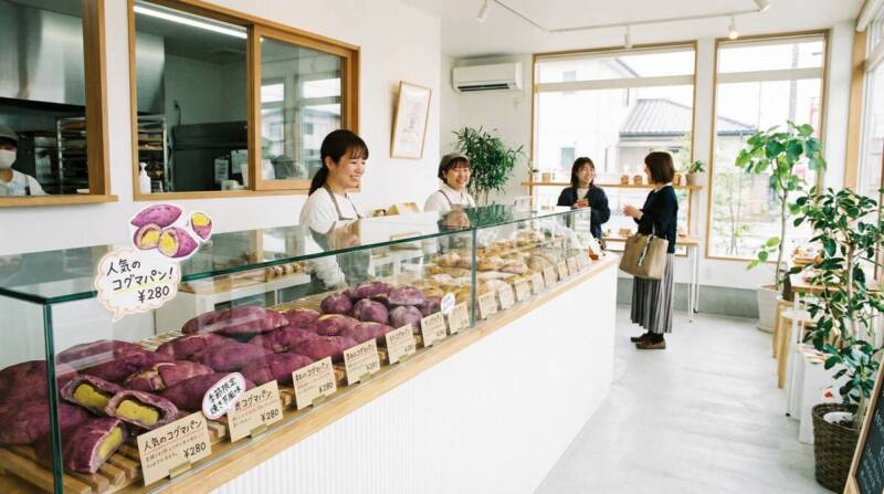 日本のベーカリーショップのガラスケースに陳列されたコグマパン