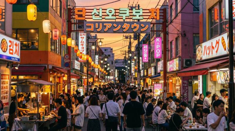 東京新大久保のコリアンタウンの賑やかな商店街風景