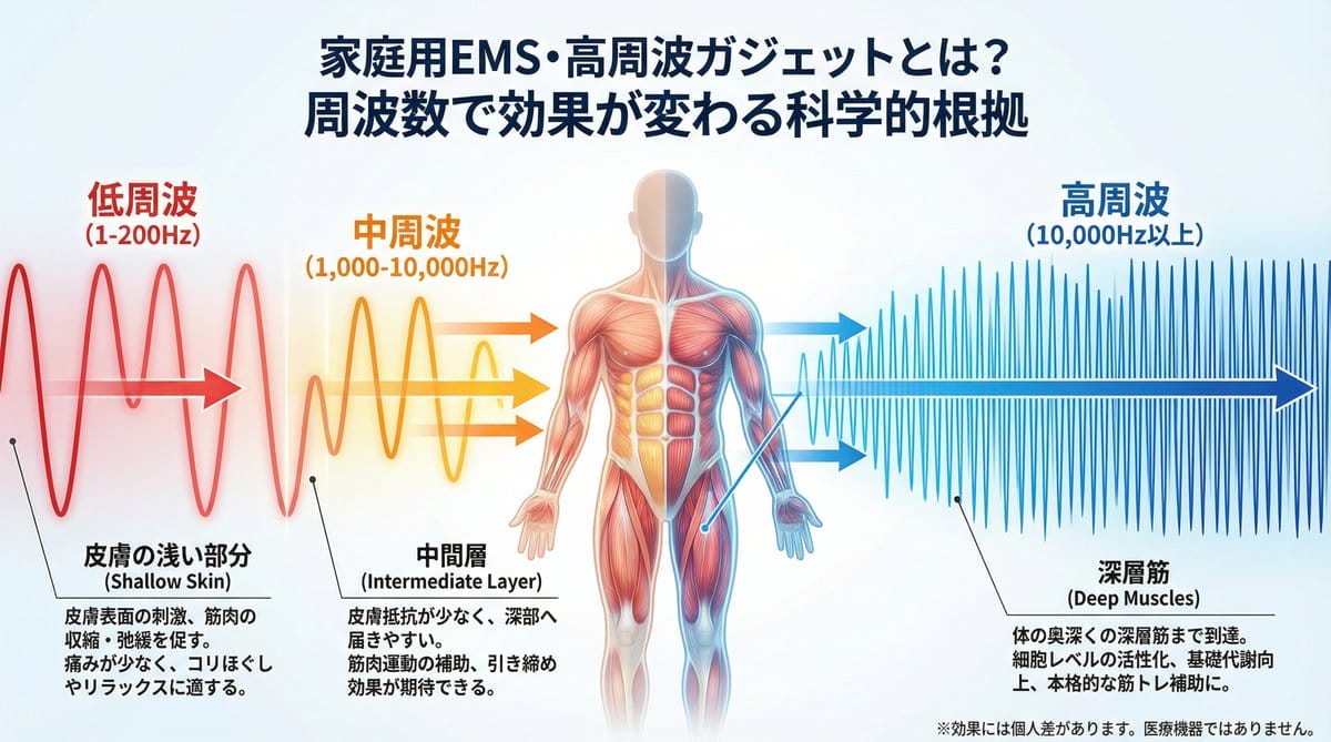 EMS周波数比較 低周波 中周波 高周波 筋肉への作用 科学的根拠