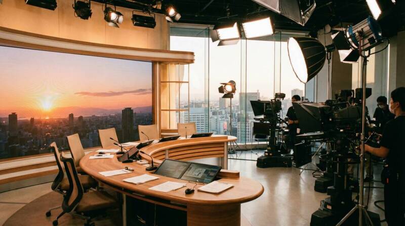 NHKのニューススタジオの風景、嶋田ココアナウンサーが活躍する番組の舞台