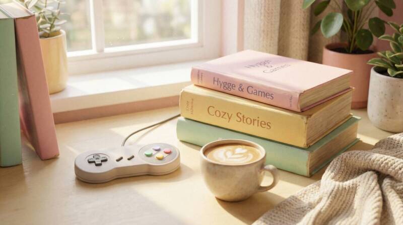 レトロゲームのコントローラーと本が並ぶデスク、親しみやすい人柄を表現