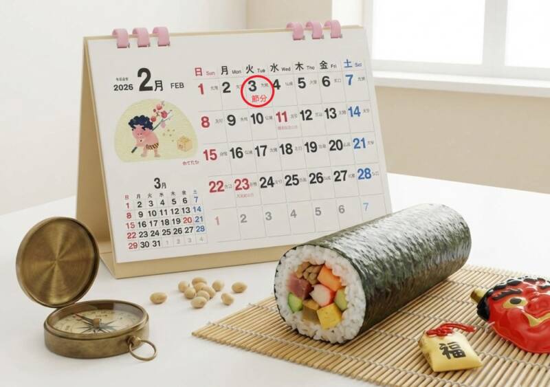 2026年2月3日の節分カレンダーと方位磁石