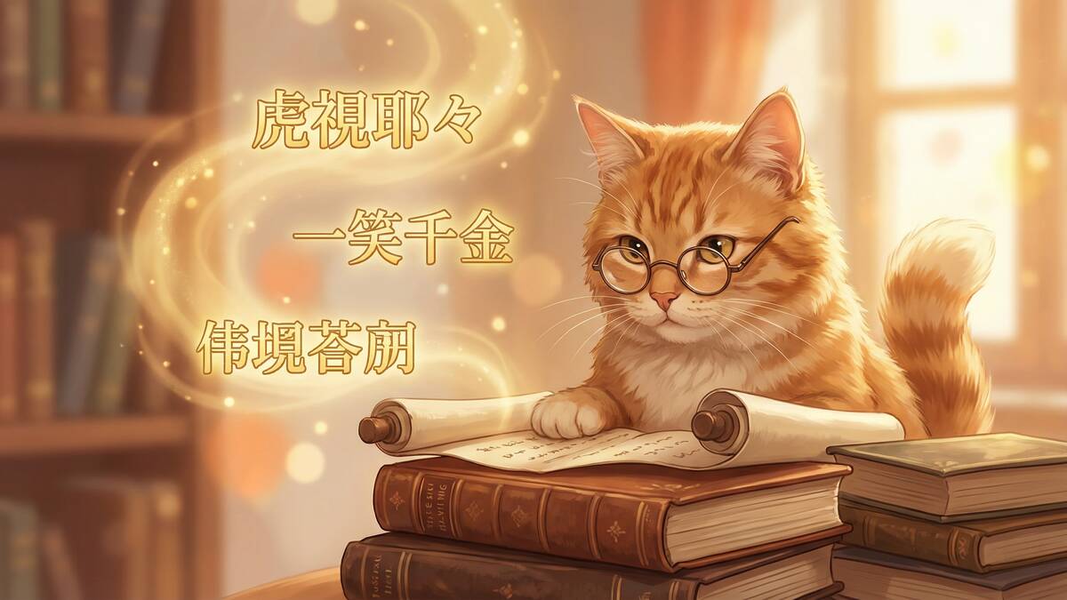 にゃんこ四字熟語辞典を紹介する画像。本を読む猫と四字熟語