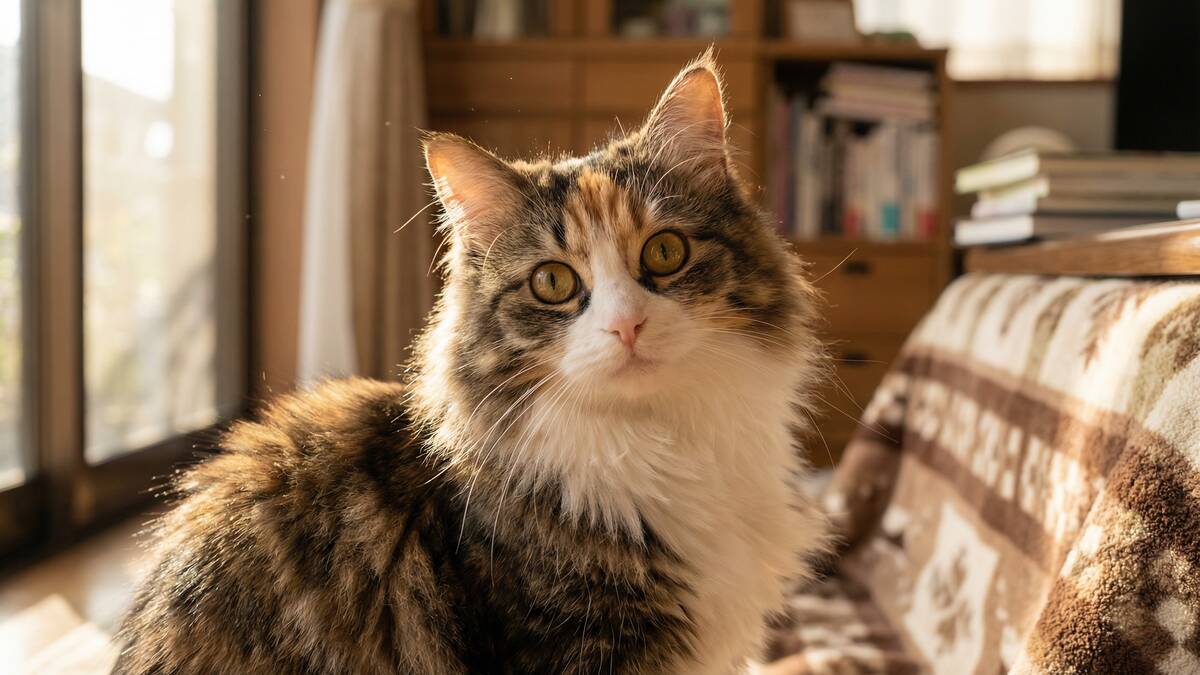 猫ラブを紹介する画像。飼い主を見つめる猫