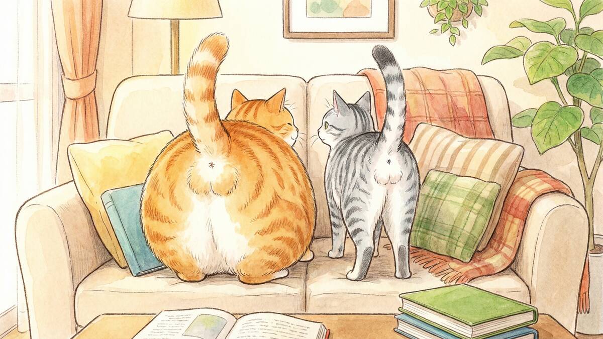 猫がおしりを向けてきますを紹介する画像。おしりを向け合う2匹の猫