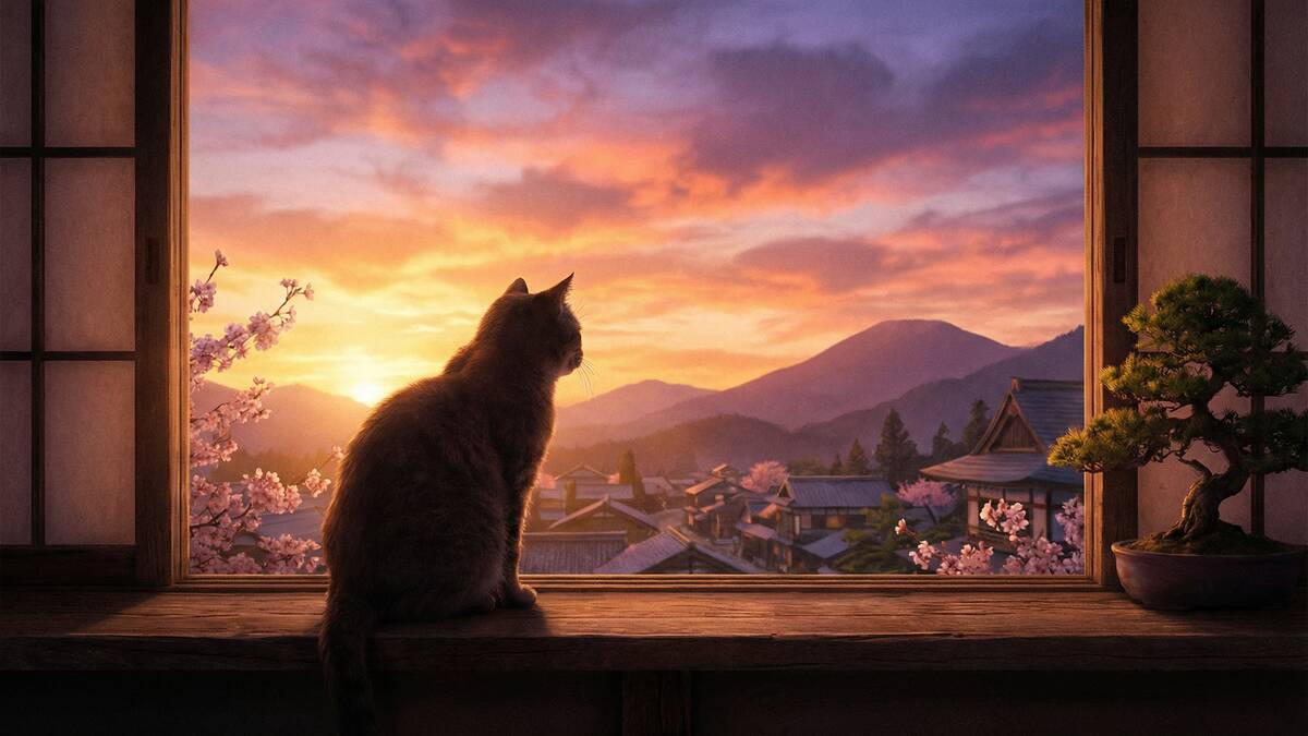 新♪人生はニャンとかなるを紹介する画像。夕日と猫