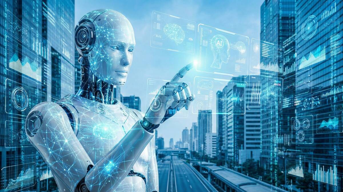 フィジカルAIのイメージ図:ホログラフィックインターフェースを操作する人型ロボット