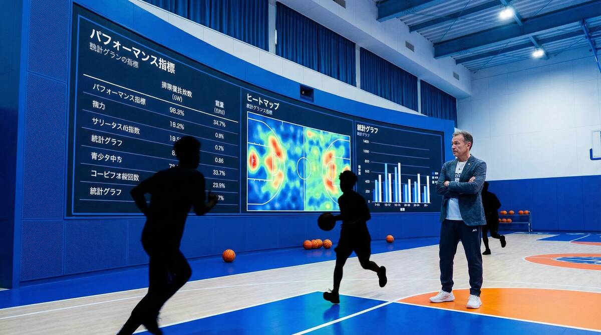 バスケットボールコーチが大型デジタルスクリーンでデータ分析を行う様子。画面には選手パフォーマンス指標、コートポジショニングのヒートマップ、統計チャートが日本語ラベルで表示されている