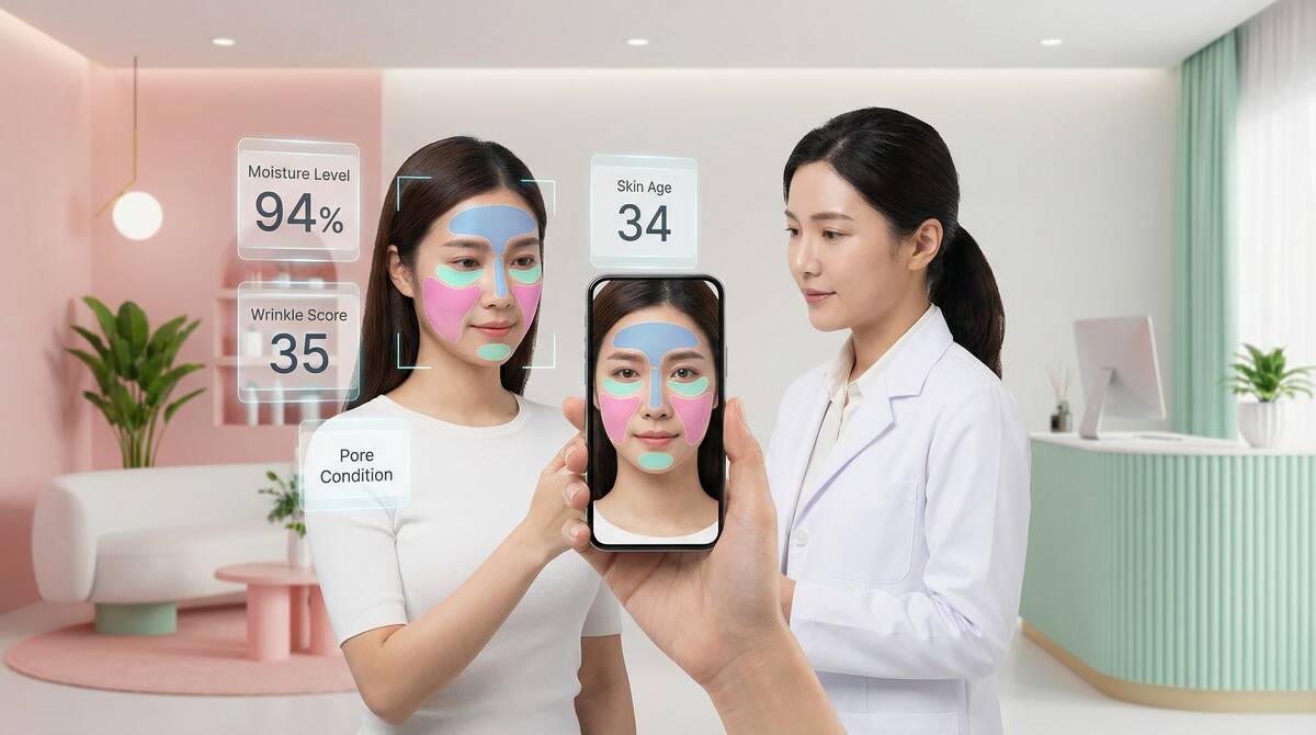 女性がスマートフォンアプリで顔をスキャンしている様子。スマホ画面には異なる色で肌ゾーン(Tゾーン、頬、目の下)を示すAI肌分析が表示され、周囲には「水分レベル94%」「しわスコア35」「毛穴状態」「肌年齢34」などの指標を示すホログラフィックパネルが浮かんでいる