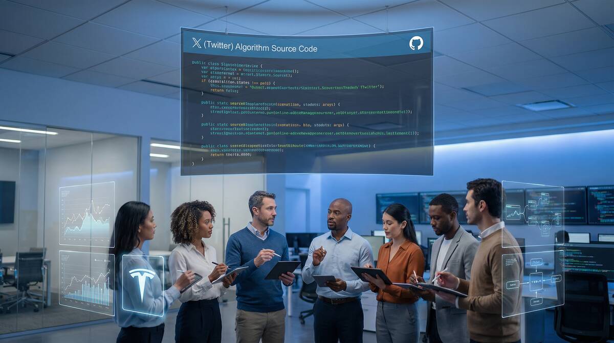 大きな透明スクリーンにGitHub上のX(Twitter)アルゴリズムのソースコードが表示されている。コードはシンタックスハイライト(青、緑、オレンジ色)で見やすく表示されている。スクリーンの前で、多様な開発者とデータサイエンティストがコードを分析し、特定のセクションを指差している