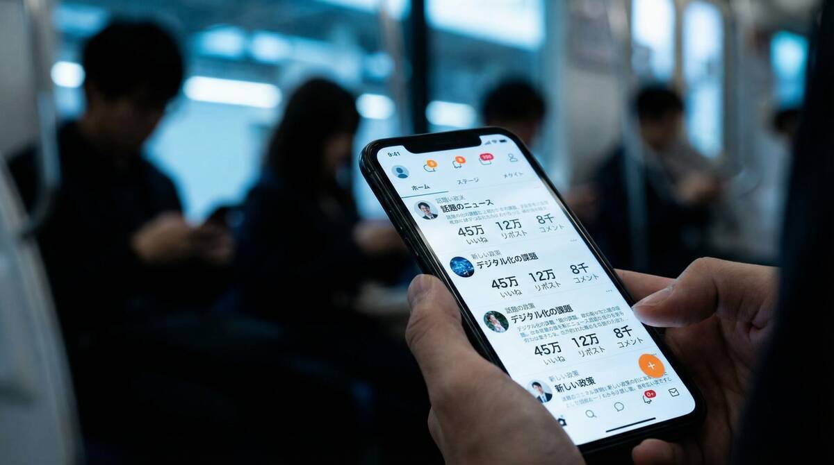 SNS上でトレンド入りした岸博幸氏と山本太郎氏の論争を表示するスマートフォン画面