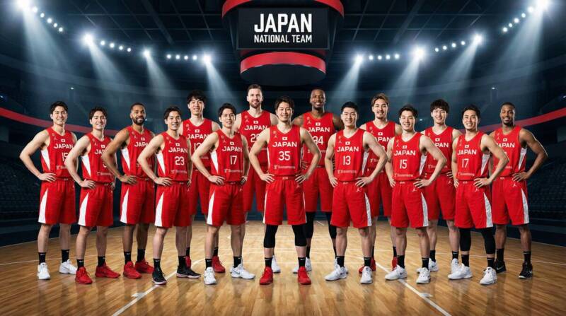 バスケ日本代表メンバー15名が赤白のユニフォームで並ぶ集合写真