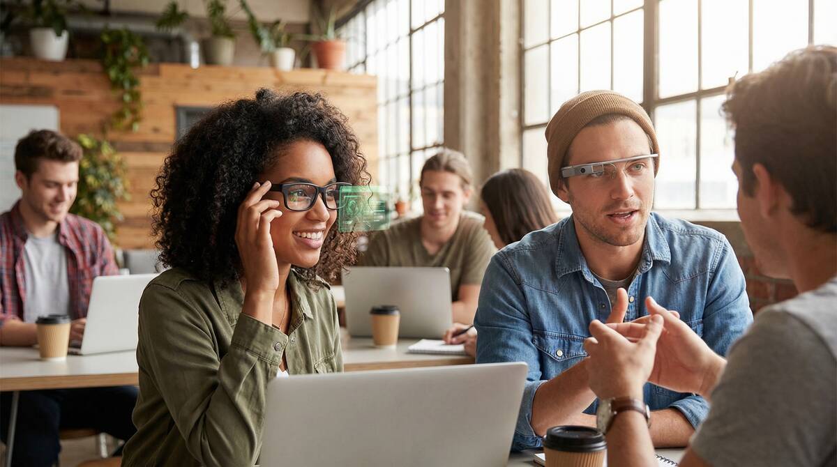 カフェでスマートグラスを使用する若者たち