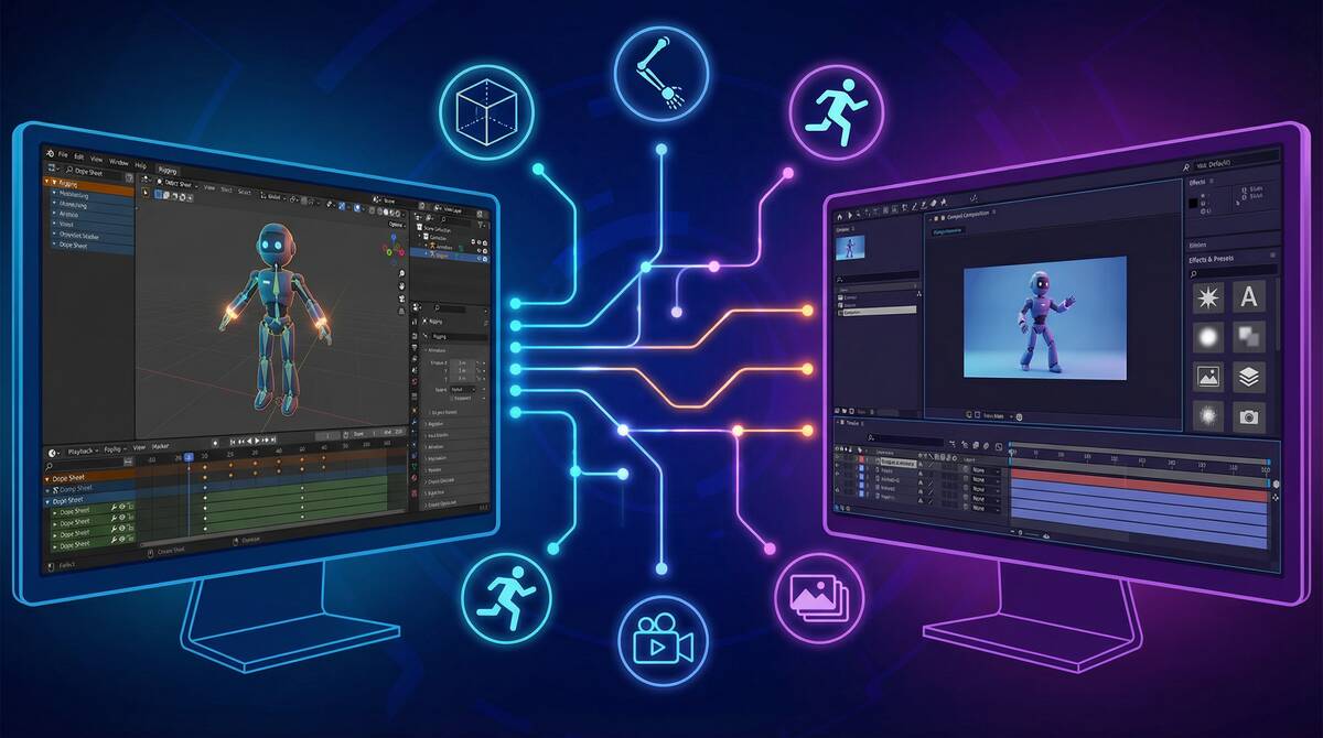 BlenderとAfter Effectsのインターフェースが表示された画面。中央には3Dキャラクターモデルのリギングとアニメーション作業が進行中で、ワークフローを示す接続線が描かれている