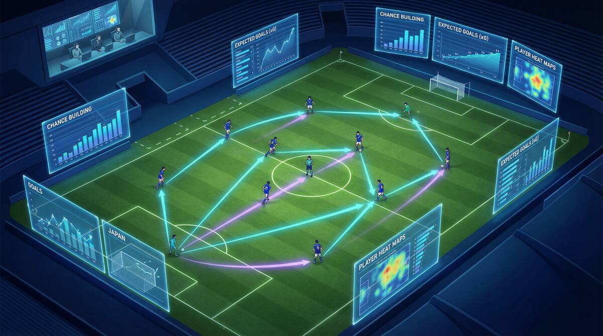 サッカーフィールドを上から見た視点で、選手の動きを示すトラッキングラインが鮮やかな色で描かれている。フィールド周囲には「Chance Building」「Expected Goals (xG)」「Player Heat Maps」などの統計を示すホログラフィックディスプレイが浮かんでいる