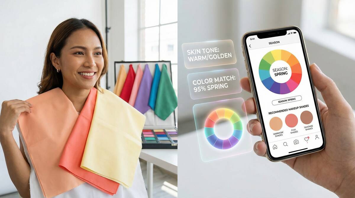 左側で女性がスプリングカラーの布地(暖かいピーチ、コーラル、ライトイエロー)を顔の横に持っている。右側にはAIパーソナルカラー診断アプリを表示するスマートフォンがあり、カラーホイール、シーズン分類(Spring, Summer, Autumn, Winter)、推奨メイクカラーが表示されている