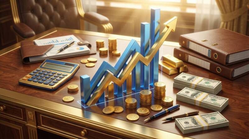 年収アップとキャリアアップを象徴する上昇グラフと金融イメージ