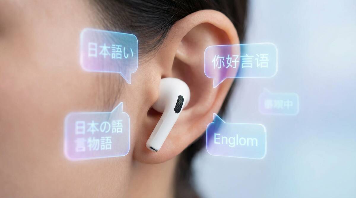 AirPods Pro 3を装着し、多言語翻訳機能を使用する様子