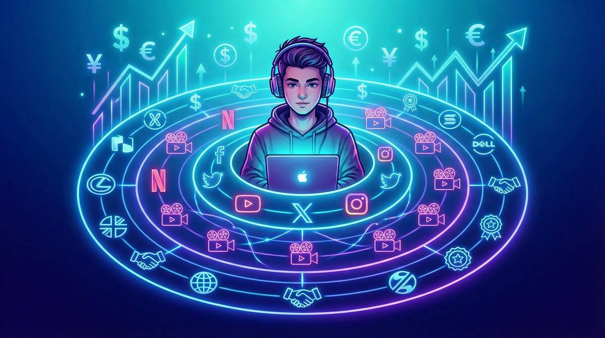 中央のクリエイターを囲む同心円状のエコシステム図。内側にYouTube、Twitter、Instagramのアイコン、中間にNetflixや映画リール、外側に企業パートナーシップが配置されている