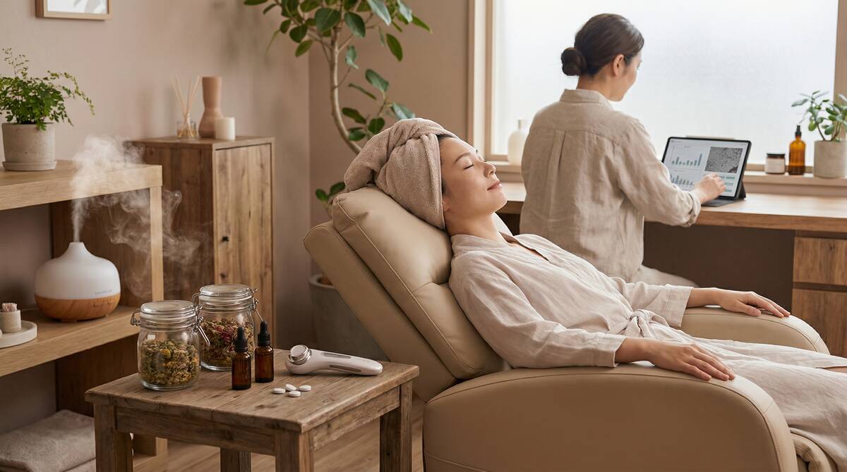 女性が目を閉じて現代的なトリートメントチェアでリラックスしている様子。サロンは禅のような雰囲気で、柔らかい間接照明、アロマディフューザーから立ち上る霧、自然木の要素がある。サイドテーブルにはサプリメント、ハーブティー、美容デバイスが並んでいる