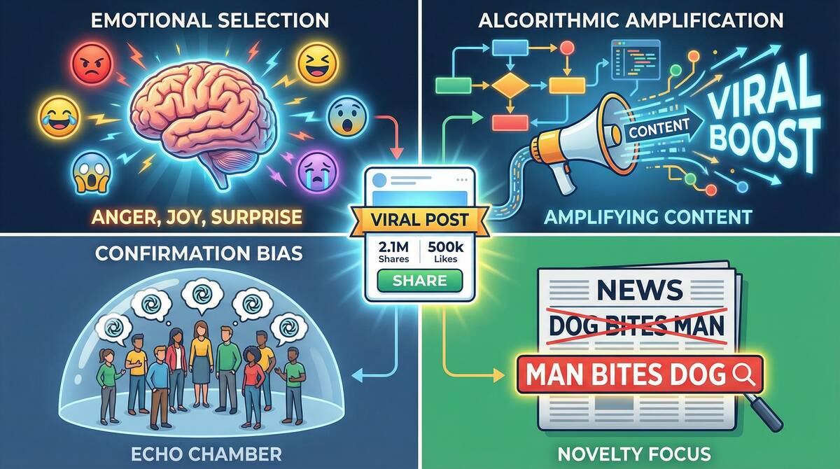 4つの象限に分かれた概念図。左上:感情アイコン(怒り、喜び、驚き)が輝く人間の脳、感情による選択を表す。右上:メガホンでコンテンツを増幅するアルゴリズムフローチャート、アルゴリズムによる増幅を表す。左下:同じシンボルを含む思考バブルを持つエコーチェンバー内の人々のグループ、確証バイアスによる共鳴を表す。右下:「犬が人を噛む」が取り消され「人が犬を噛む」が強調された新聞、新規性の重視を表す