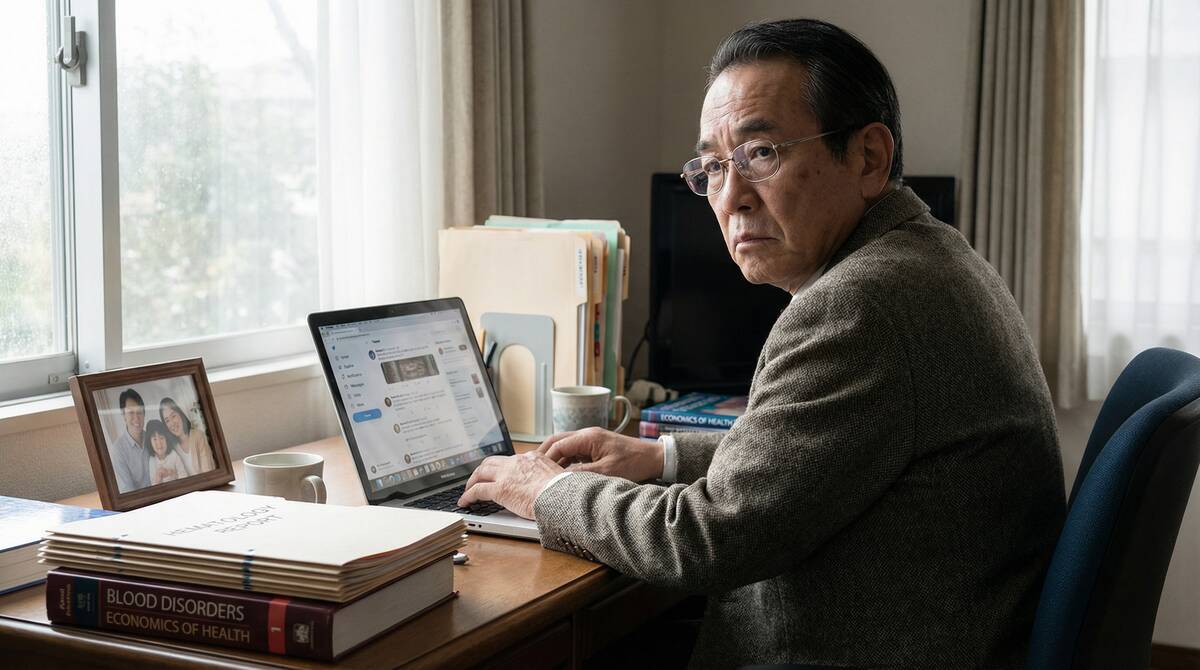 自宅の書斎でSNSに投稿する岸博幸氏