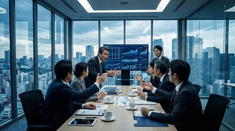 テレビ局の会議室でビジネス交渉が行われる様子を表現したプロフェッショナルなイメージ