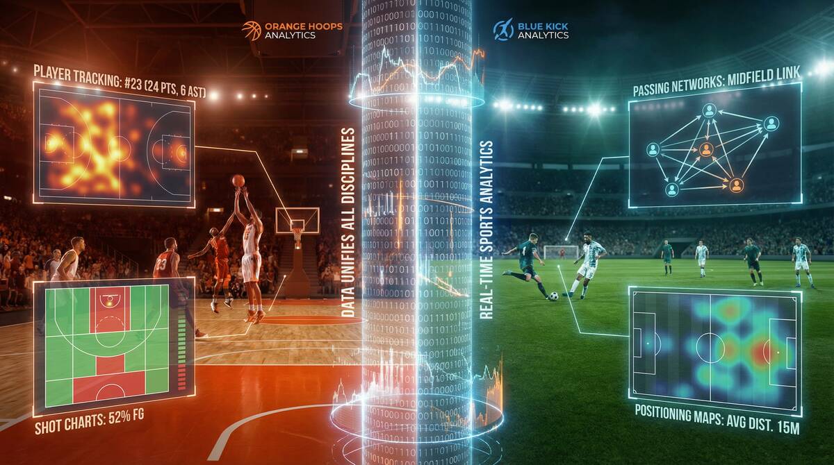 大型スタジアムスクリーンにライブサッカー試合が映し出され、周囲には感情スコアグラフ、表情分析、リアルタイム感情データを示す透明なパネルが浮かんでいる。前景には興奮したファンのシルエットが見える