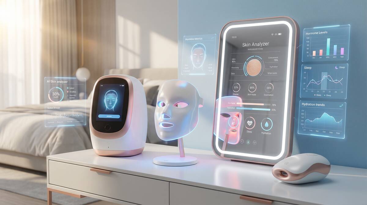 現代的なバニティテーブルに複数の美容デバイスが並んでいる。AI肌分析装置、青と赤の光を放つライトセラピーマスク、肌指標を表示するスマートミラー、フェムテックデバイスがある。周囲にはホルモンレベル、睡眠品質グラフ、肌水分トレンドを示すホログラフィックディスプレイが浮かんでいる