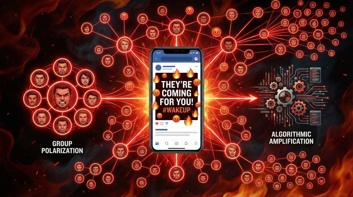 中央に炎上した投稿を表示するスマートフォンがあり、炎のアイコンと怒った絵文字の反応に囲まれている。その周りには、赤く脈動するネットワークラインで接続された複数のユーザーアバターがあり、怒りの拡散を表している。片側には、同じ怒った表情を共有する円形のフォーメーションのユーザーグループがあり、集団の極性化を象徴している