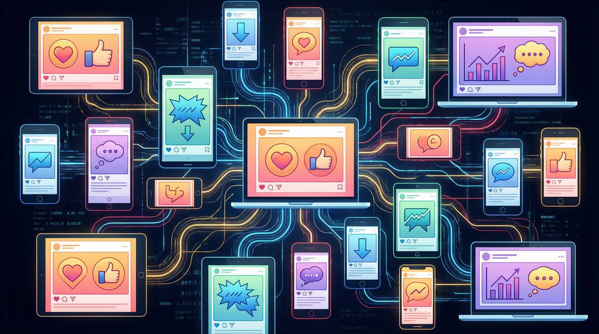 多様なSNS反応を示す複数のスマートフォン画面