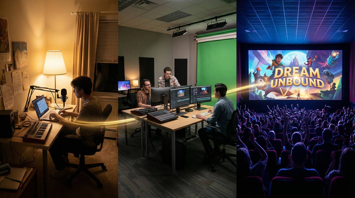 左から右へ進化する3段階の制作環境。左は小さな寝室スタジオ、中央は中規模の制作セットアップとチーム協業、右は大画面で映画が上映される劇場とシルエットの観客