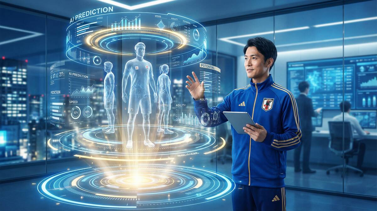 左側にバスケットボール、右側にサッカーが表示され、中央のホログラフィックデータストリームで統合されている。バスケ側には選手トラッキングデータとシュートチャート、サッカー側にはパッシングネットワークとポジショニングマップが表示されている